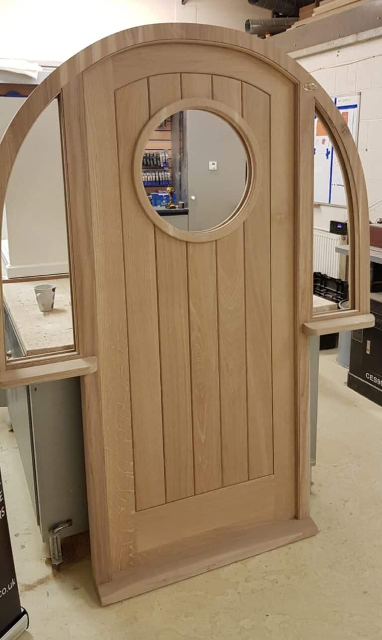 exterior oak door curved with window and side windows