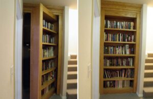 Innovative secret door bookshelf in a home library, with the left image showing the bookshelf closed and the right image revealing the bookshelf swung open to display a hidden room entrance.