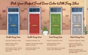 Four doors facing different cardinal directions with recommended colors and Feng Shui tips: North-Facing Door (blue, avoid brown, yellow, red, white, gray, and deep pink), South-Facing Door (red, choose purple, fire element colors; avoid blue, black, and earthy colors), East-Facing Door (green, opt for green, brown, and earth tones; avoid yellow, pink, and red), and West-Facing Door (gray, select white metal; avoid yellow, beige, red, light blue, black, and deep pink).