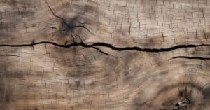 Close-up image of a section of tree trunk showing detailed textures of the wood grain, with a prominent dark crack running horizontally across the center, surrounded by intricate patterns of lines and grooves indicative of the tree’s age and growth history.