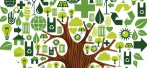A colorful graphic featuring a large tree with green icons related to environmental sustainability and energy efficiency within its branches and leaves. Icons include wind turbines, solar panels, recycling symbols, light bulbs, houses with solar cells, leaves, water droplets, and the Earth, all set against a white background.