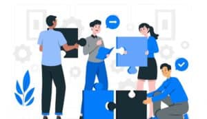 Illustration of a diverse team collaborating on assembling a puzzle with oversized pieces, symbolizing teamwork and problem-solving in a business environment.