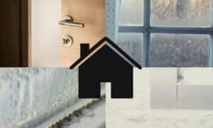 Four images showing door handle, frosted window, window sill with mold, and water-damaged wall, highlighting home maintenance issues.